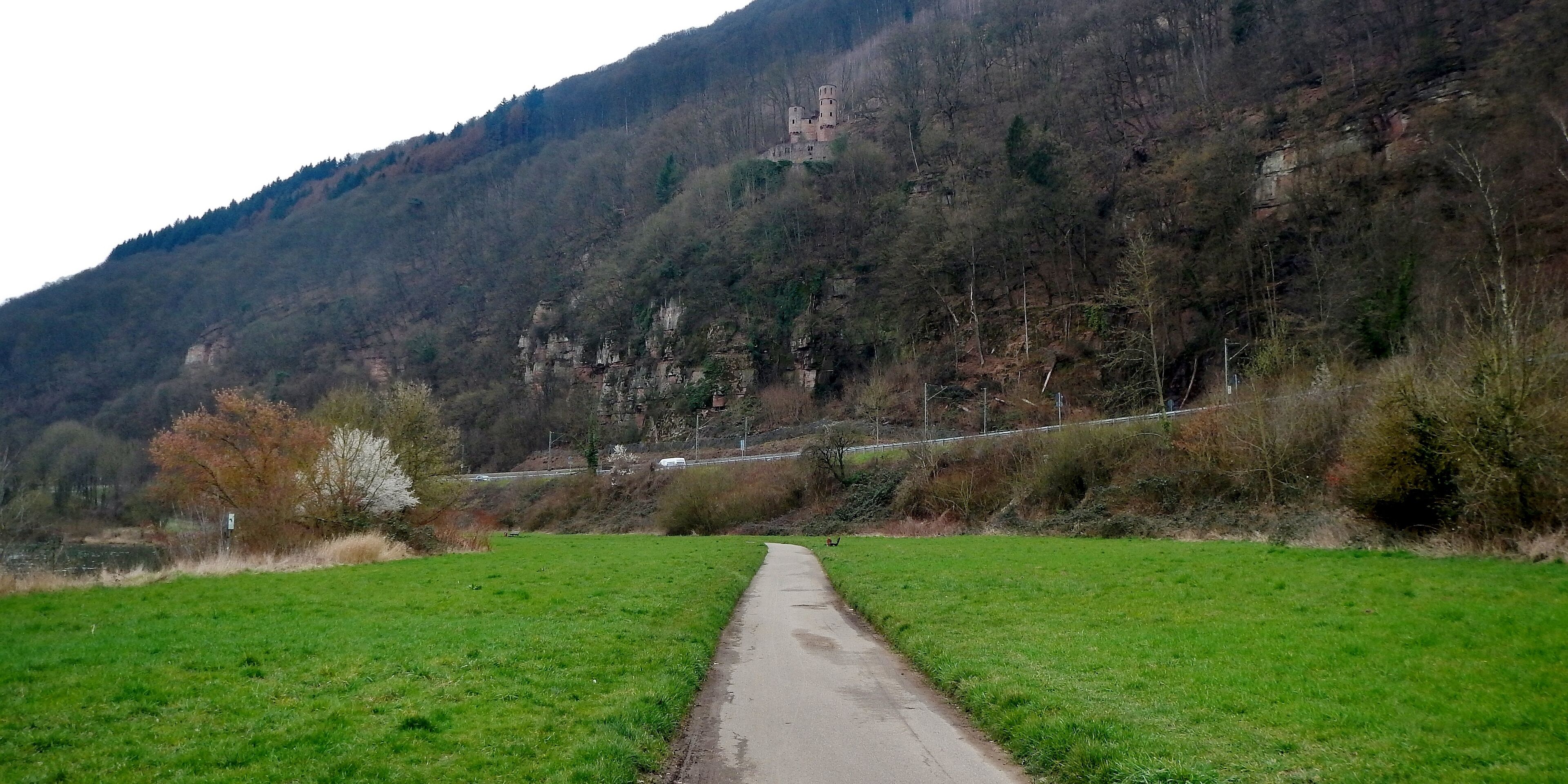 Beim 366 km langen Neckartalradweg: Ausblick auf Burg, „Schadeck“ (früher: „Schadheck“), auch Schwalbennest