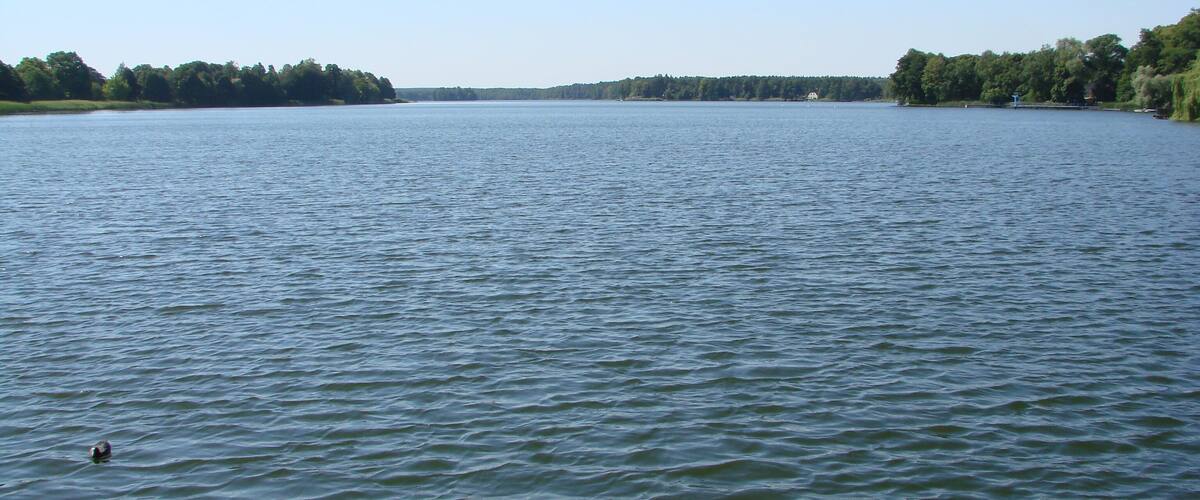 A calm lake with a forested shoreline and a distant building.