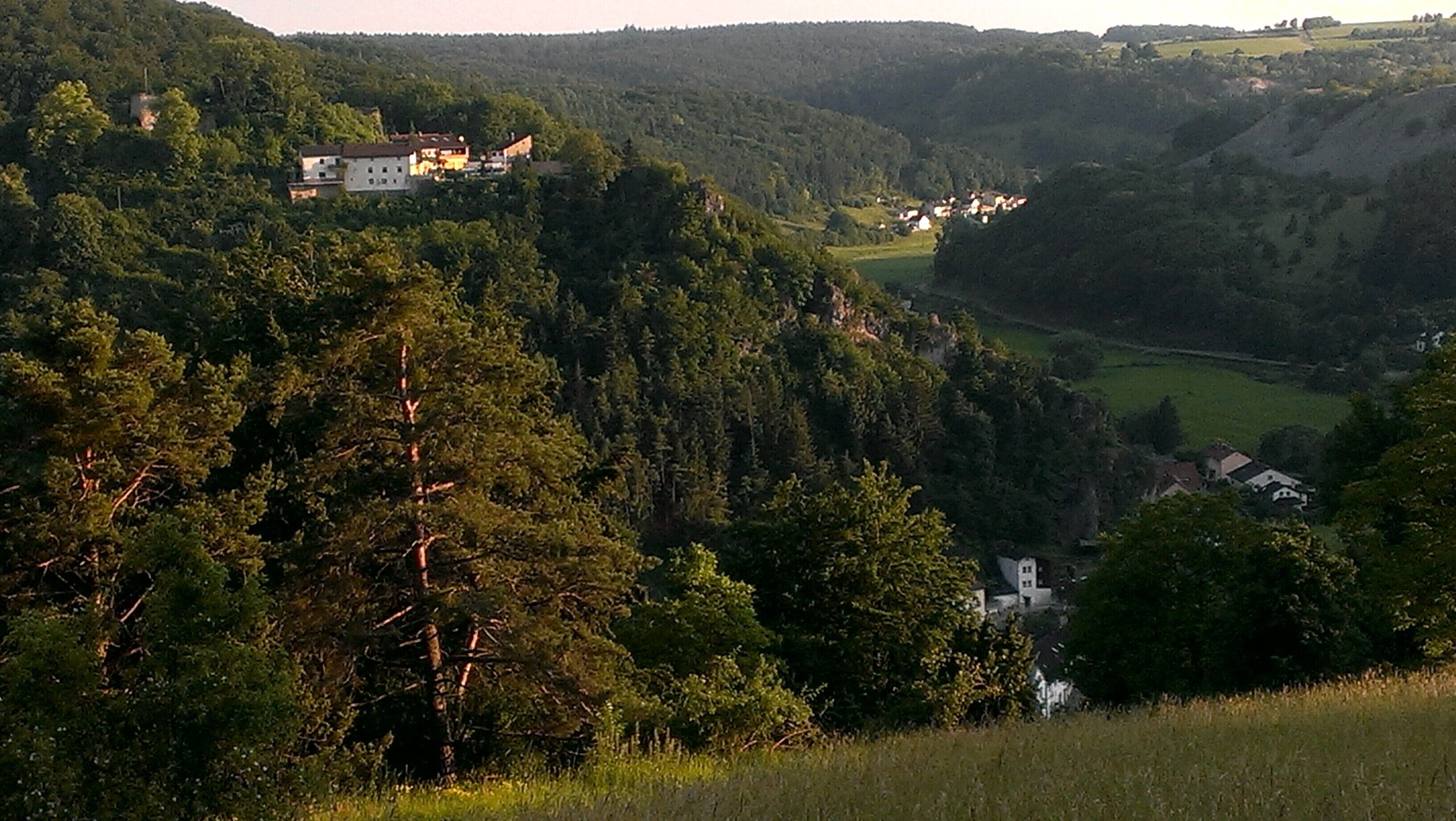 A valley with a large house on a hill, surrounded by dense forest and rolling hills.