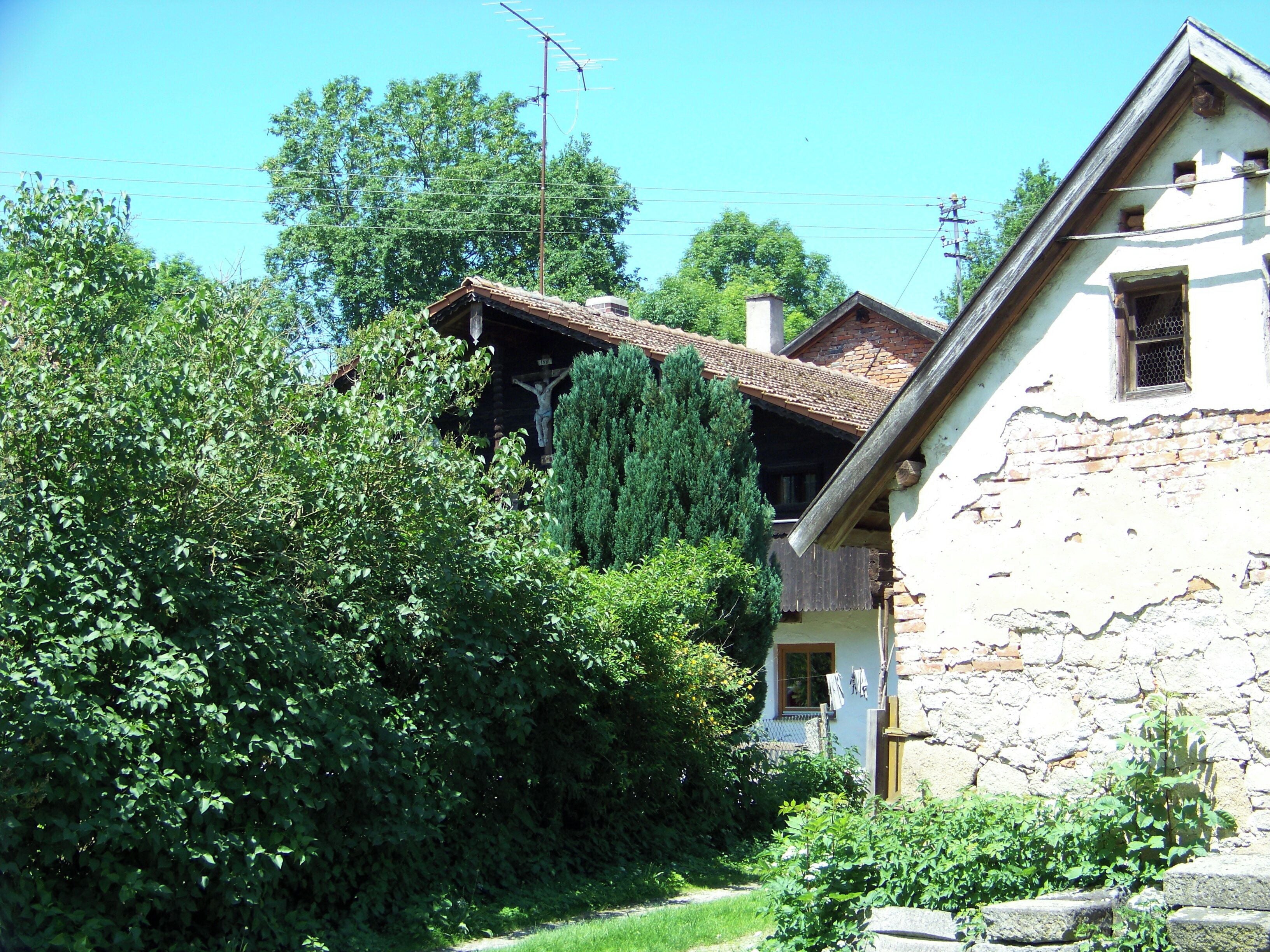 A rural house with a stone facade, surrounded by lush greenery and trees.