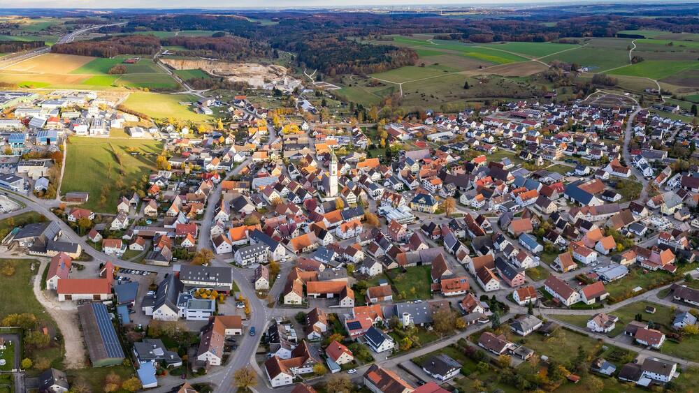 Aerial view of the old town of the city Merklingen
in Germany on a sunny afternoon in autumn