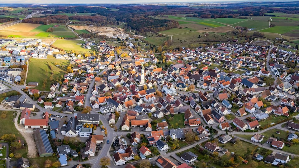 Aerial view of the old town of the city Merklingen
in Germany on a sunny afternoon in autumn