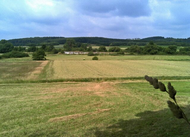 A rural landscape with fields, a dirt path, and distant hills under a cloudy sky.