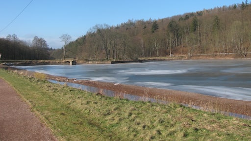 Blick auf den zugefrorenen Wilhelmsthaler See, der Wassergraben im Vordergrund ist die Elte, die um den See herum geführt wird