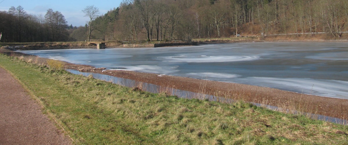 A frozen river with a bridge, surrounded by trees and grassy banks.