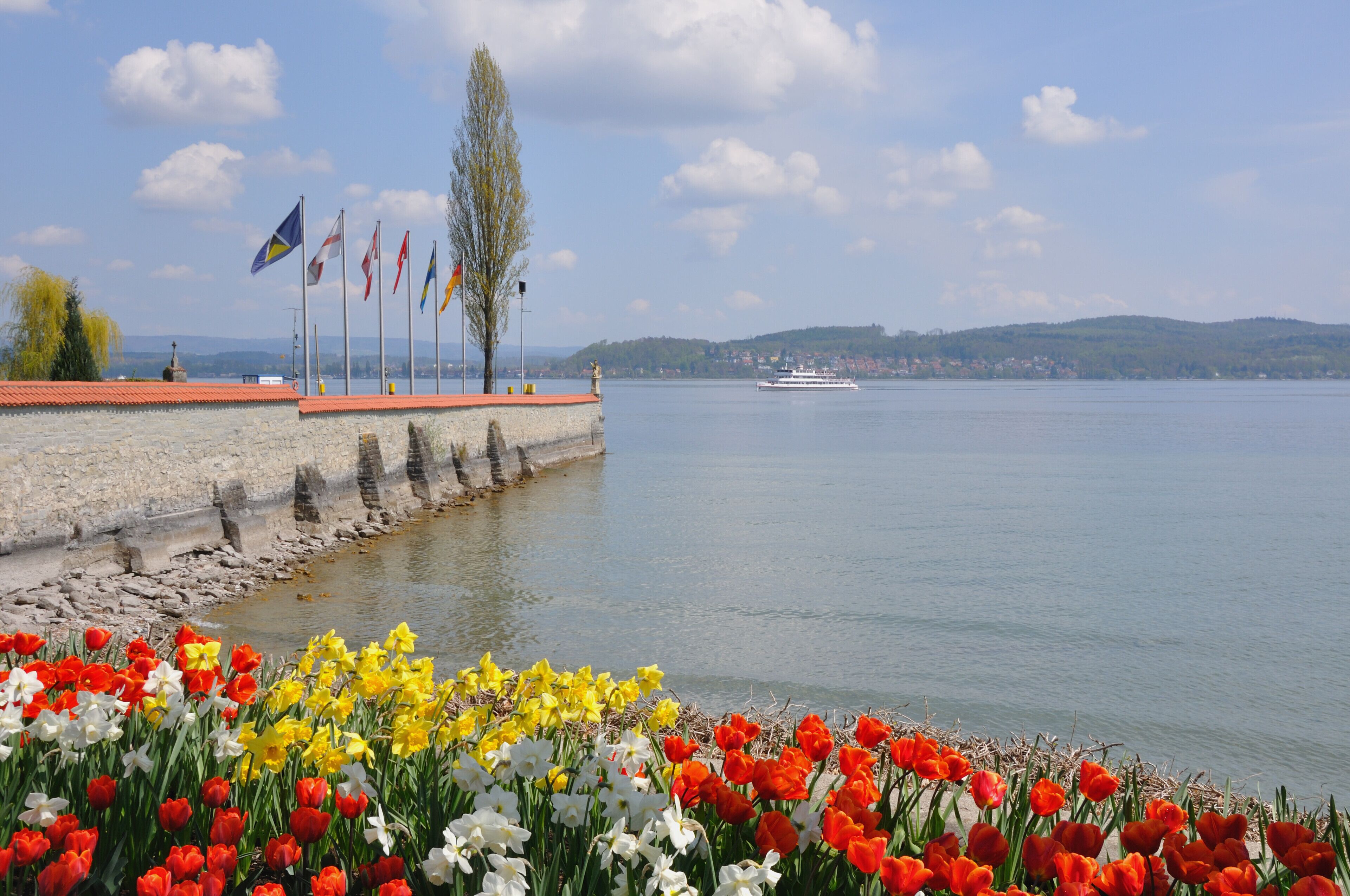 A waterfront with tulips, flags, and a distant boat.