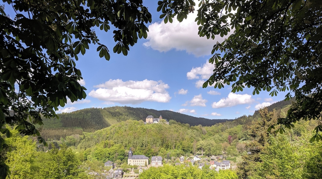 Blick auf Leutenberg mit Schoss Friedensburg, Kirche und Marktplatz von der Gustav-Fehler-Höhe aus.