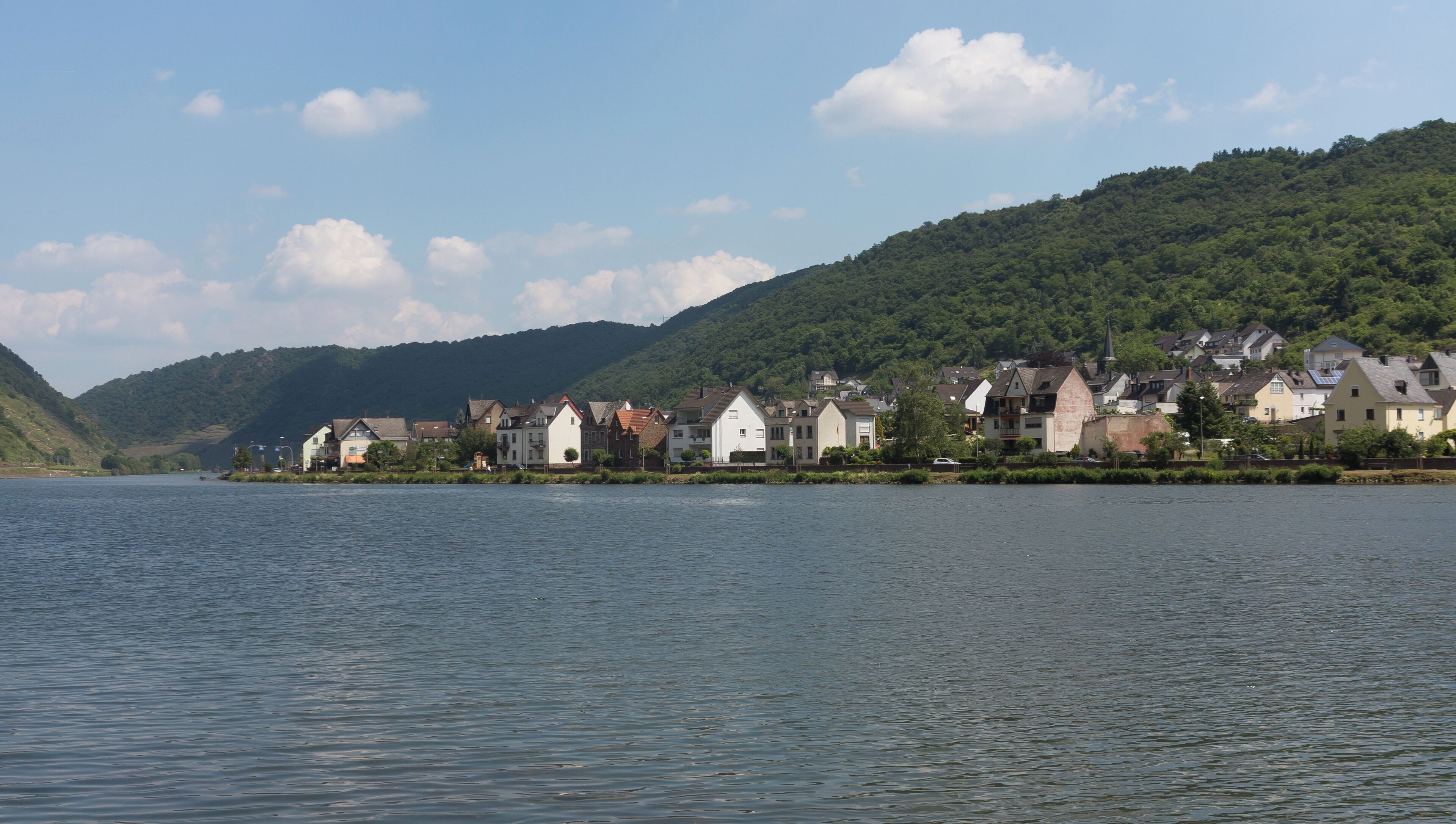 A lakeside village with houses along the shore, surrounded by green hills and a clear sky.