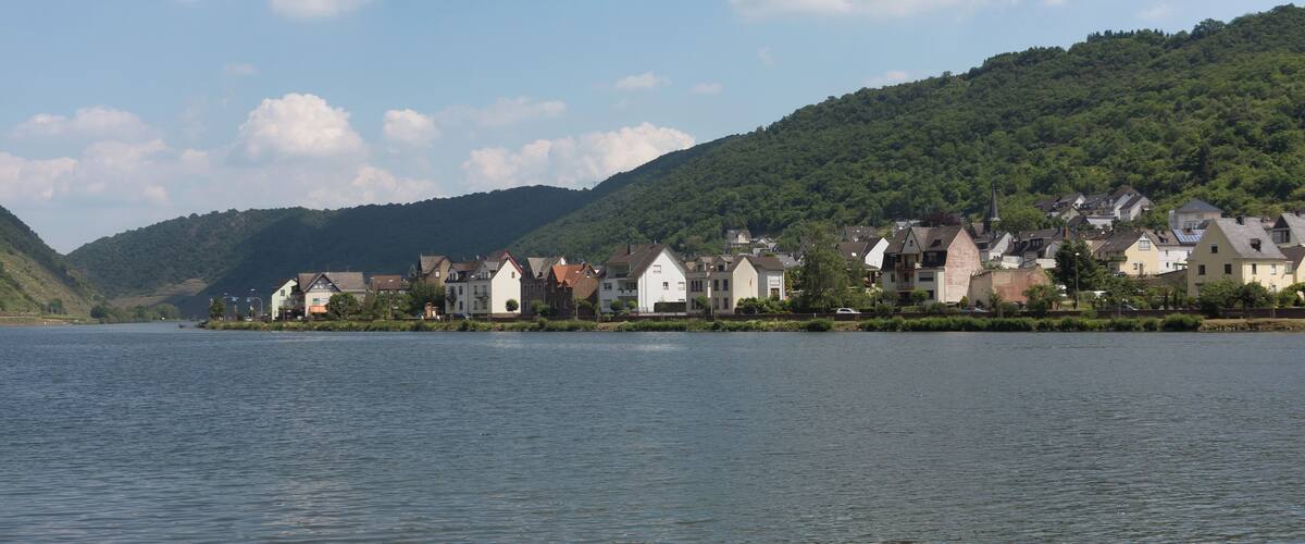 A lakeside village with houses along the shore, surrounded by green hills and a clear sky.