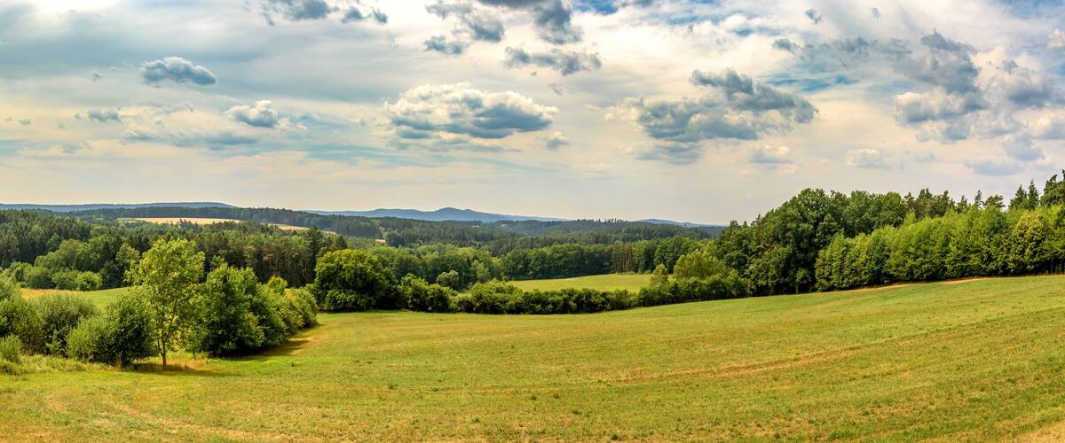A lush green landscape with rolling hills, dense forests, and a clear sky with scattered clouds.