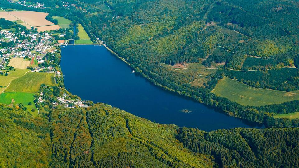 An aerial view of a lake surrounded by dense forests and a small village.