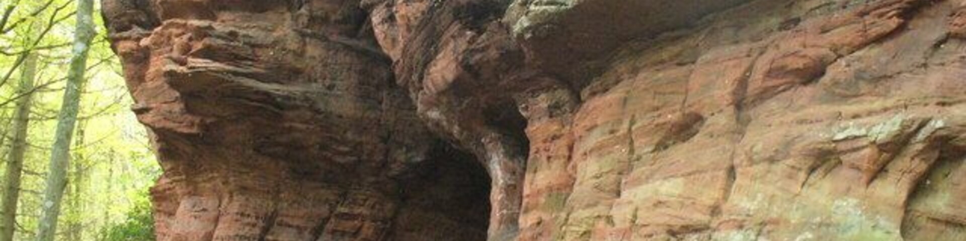 A large rock formation with a narrow passageway, surrounded by trees and greenery.