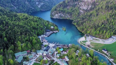 An aerial view of a lakeside village surrounded by dense forests and mountains.