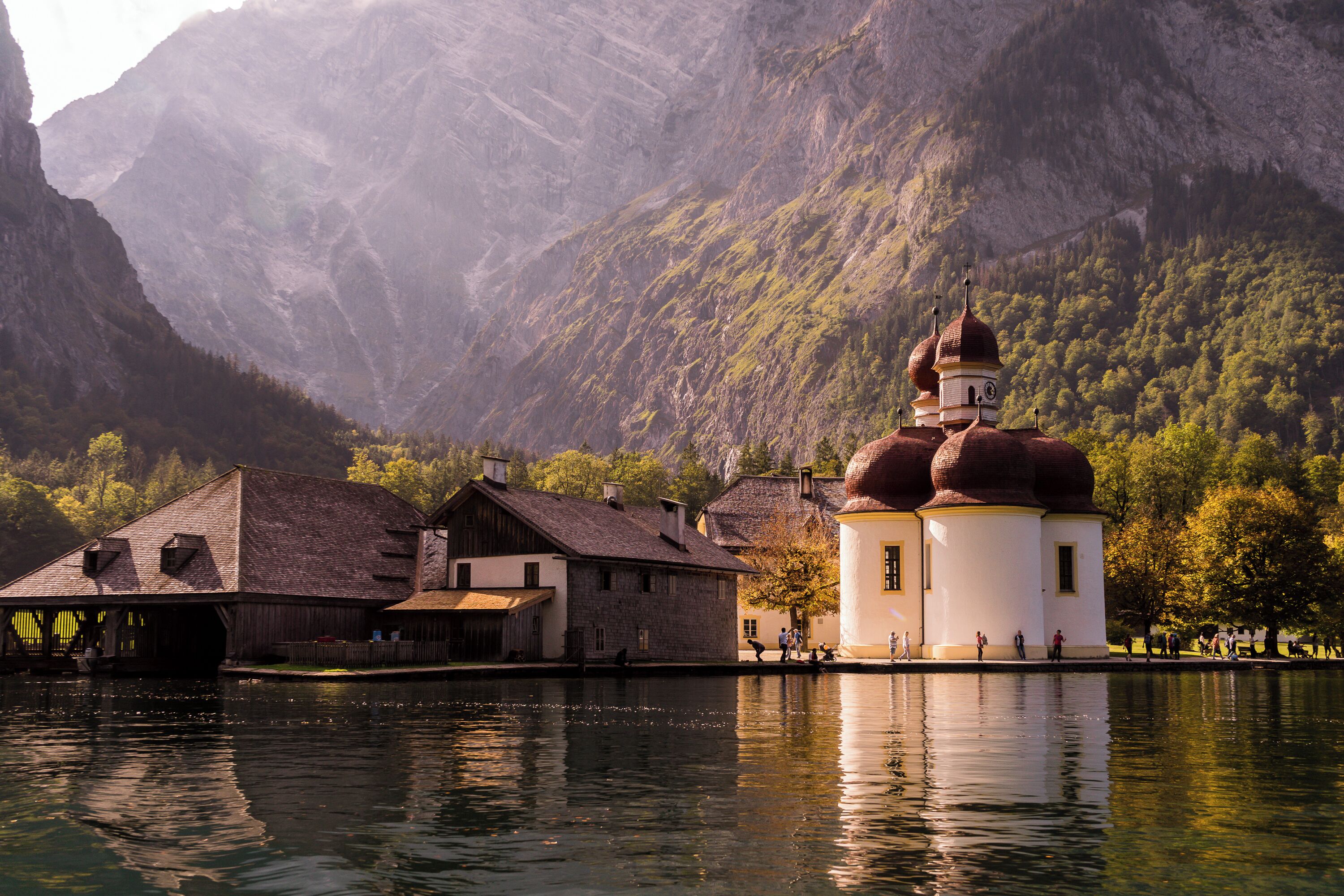 St. Bartholomew's, This church is located at the western shore of the Königsee lake in Bayern. It can only be reached by boat 🚣‍♂️ or after hike across the surrounding mountains.