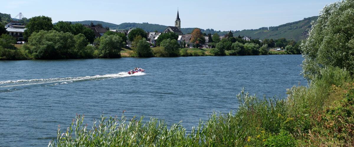 A river with a boat, a church, and houses along the banks.