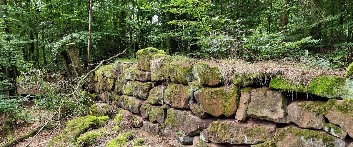 Spätrömische Höhensiedlung Großer Berg. Einsturz von Mauerteilen der rekonstruierten Mauer.
