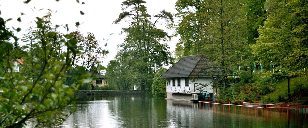 A house by a calm river surrounded by trees.