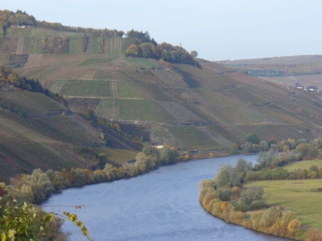 A river winding through rolling hills with fields and trees.
