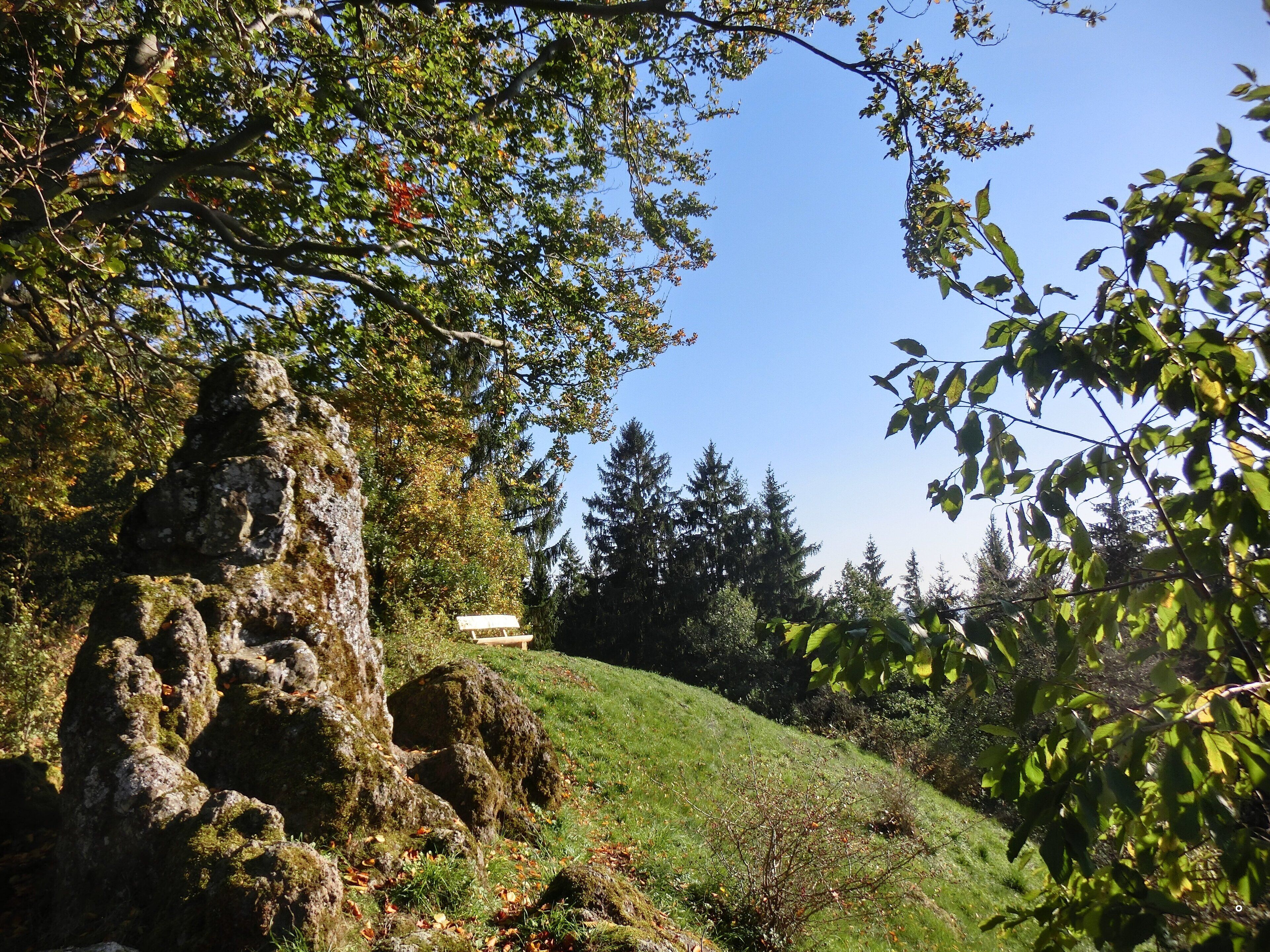 A moss-covered rock formation, a grassy hill, and a building in the background.