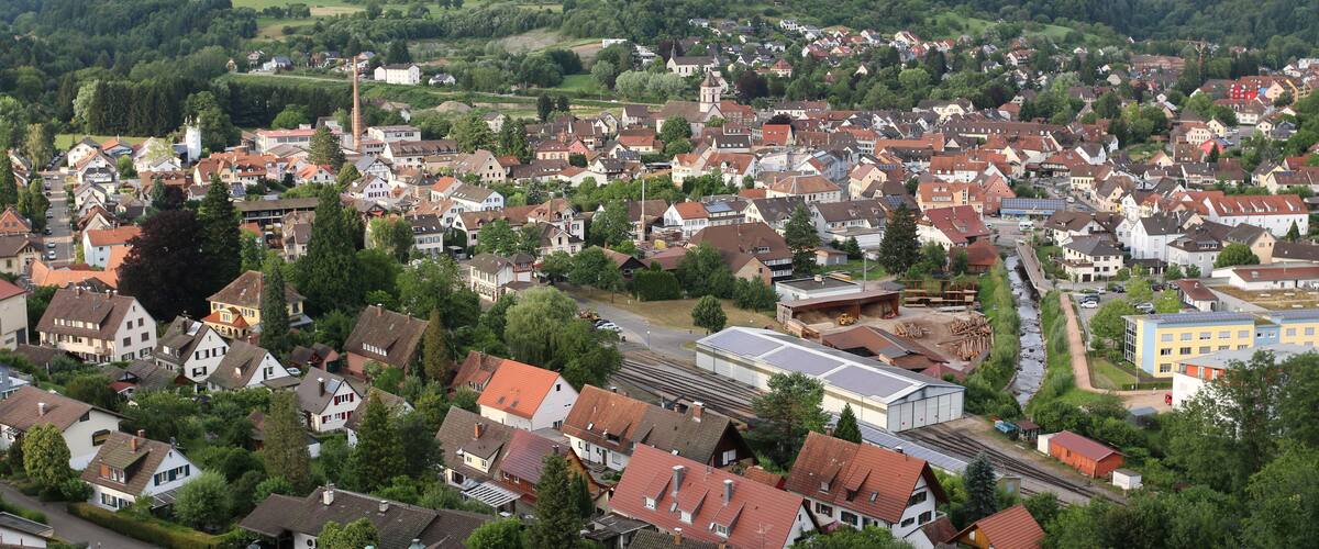 A town with red-roofed houses, a church, and mountains in the background.