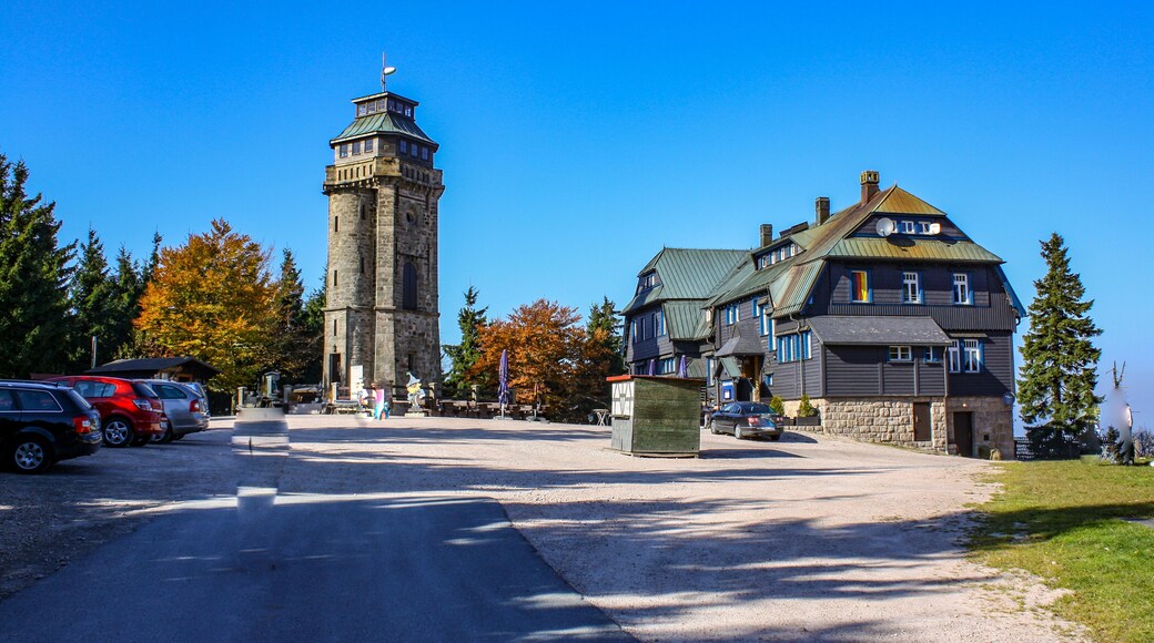 View from the mountain Auersberg - Ore Mountains Hiking area around the towns Johanngeorgenstadt / Eibenstock at blue sky