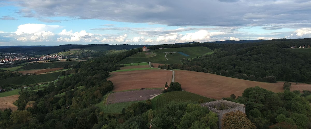 A rural landscape with fields, a castle, and a village in the distance.
