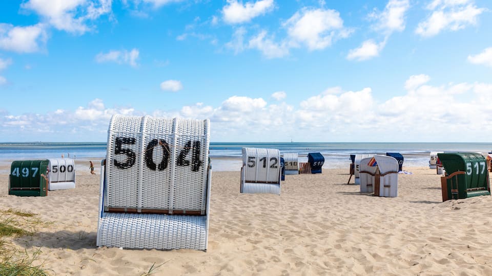 A beach with numbered beach huts and a large sign displaying the number 504.
