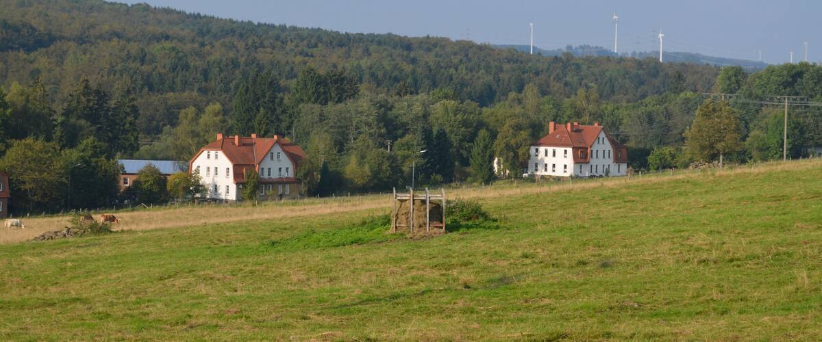 A rural landscape with two white houses with red roofs, a grassy field, and a forested hill in the background.