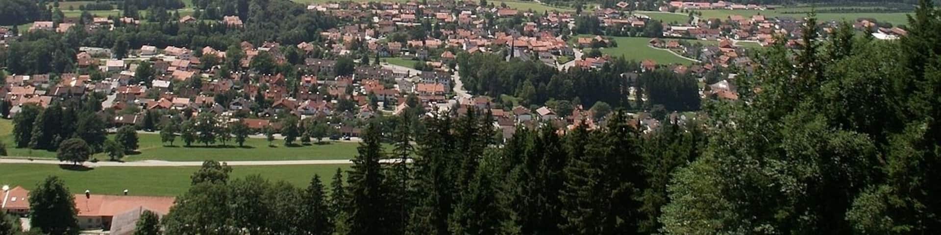 A town nestled in a valley with surrounding hills and forests.