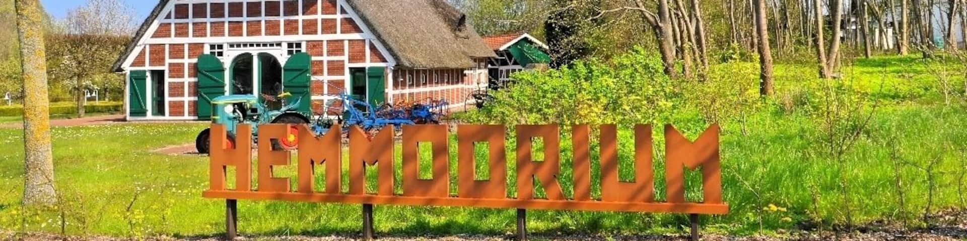 A traditional thatched-roof house with a sign reading "HENEMODRIUM".