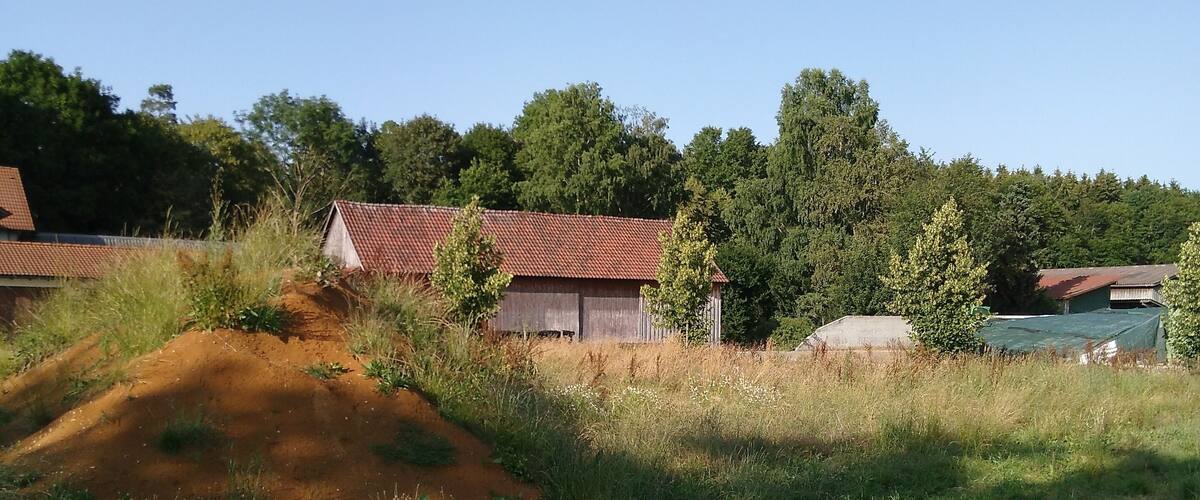 A rural landscape with a dirt mound, a red-roofed barn, and a green-roofed structure.