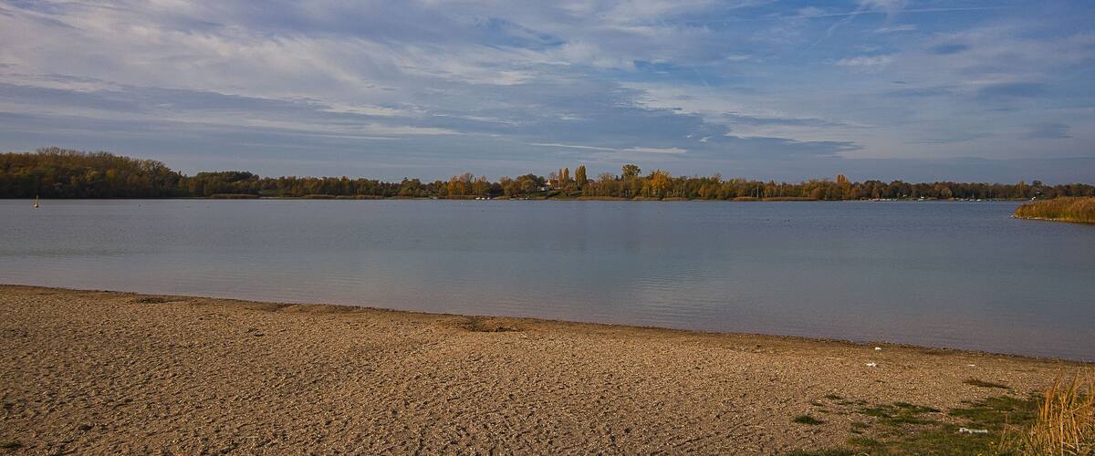 A calm lake with a rocky shoreline, surrounded by trees and a distant tree line.