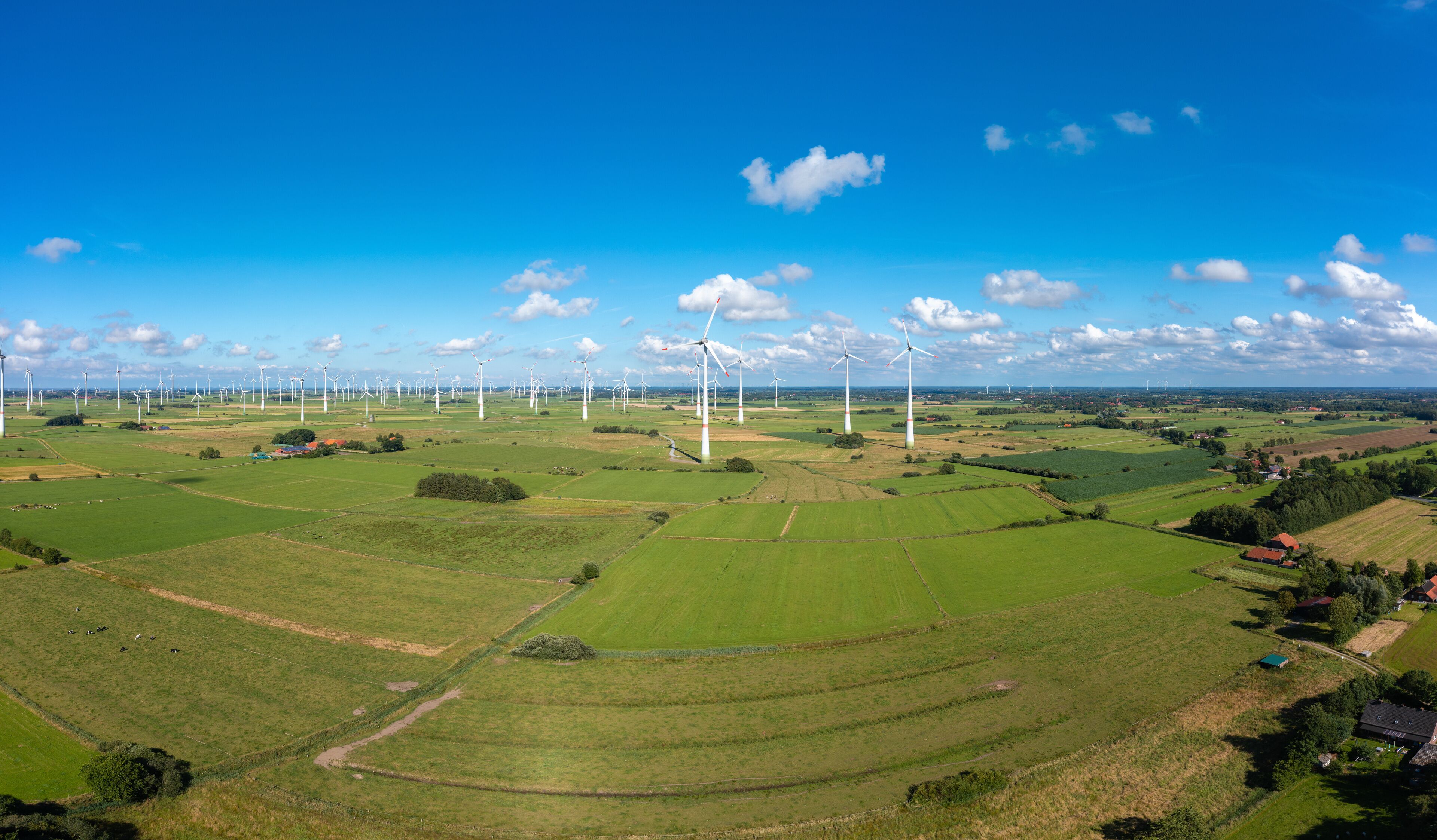 A wind farm with multiple wind turbines in a green landscape.