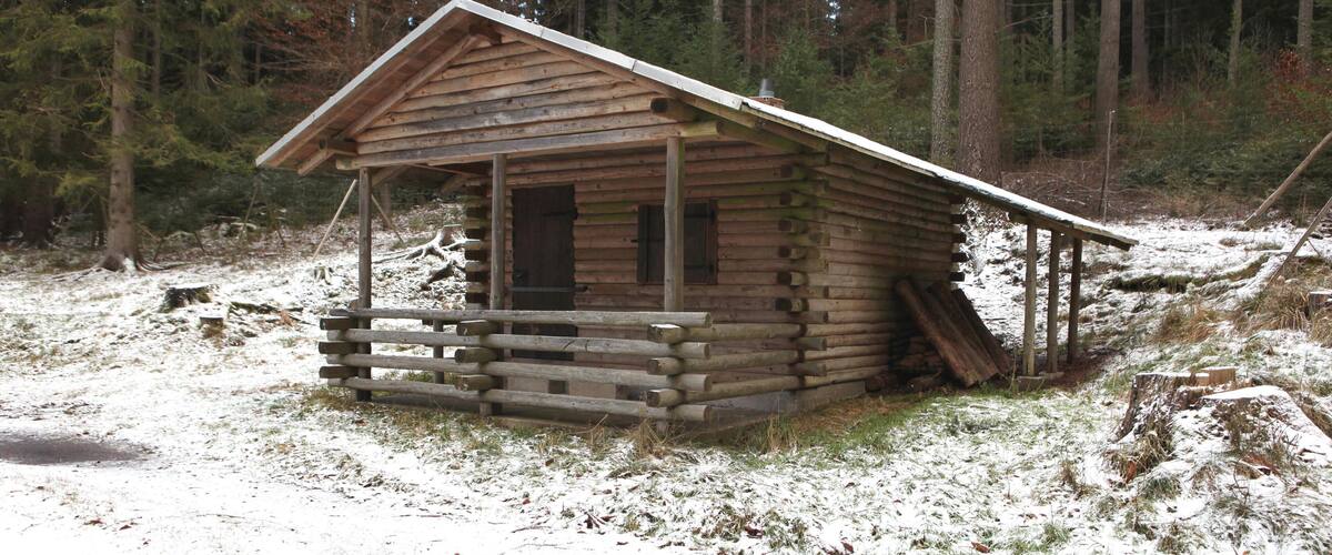 A wooden cabin in a snowy forest.