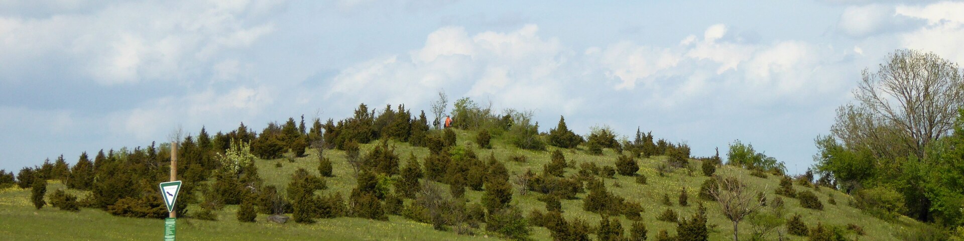 A grassy field with a warning sign, a wooden bench, and a hill with trees.