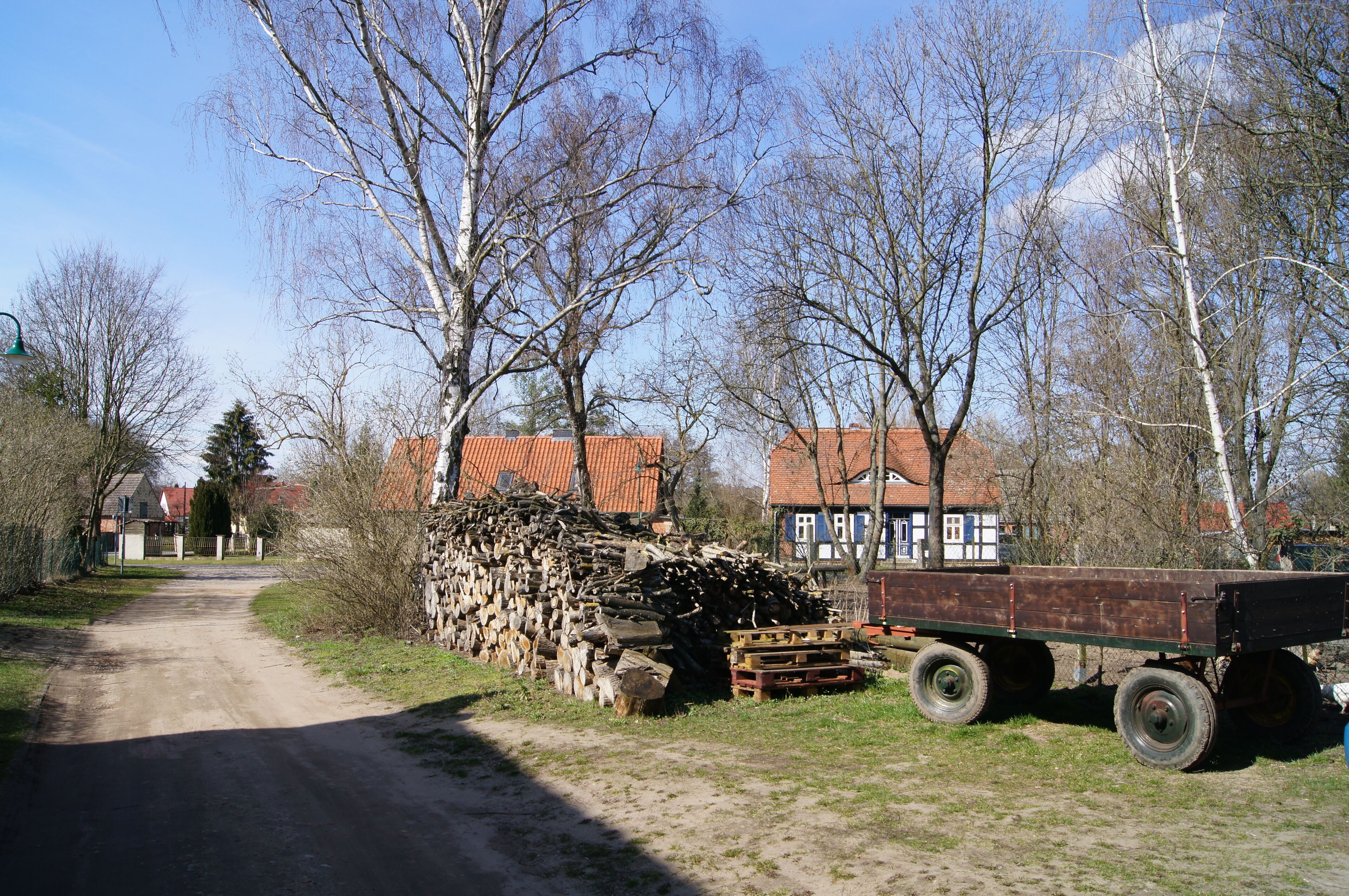 A rural road with a pile of firewood, a wooden cart, and houses with red roofs.
