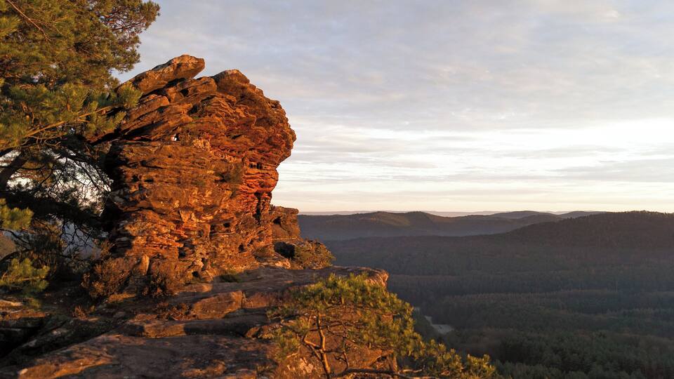 A rugged rock formation with a forested valley in the background.