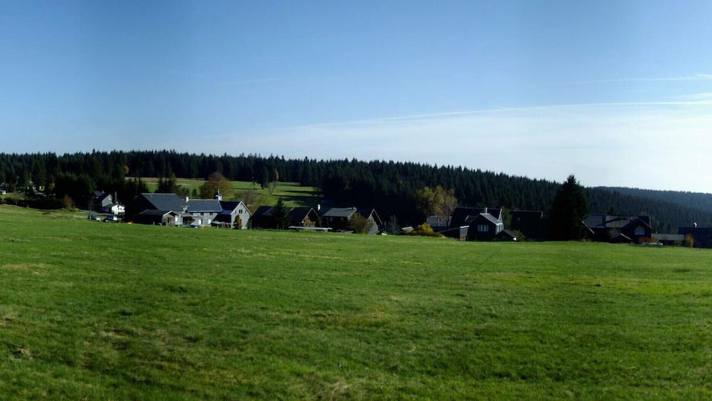 Un paysage rural avec un grand champ verdoyant, plusieurs maisons et une colline boisée en arrière-plan.