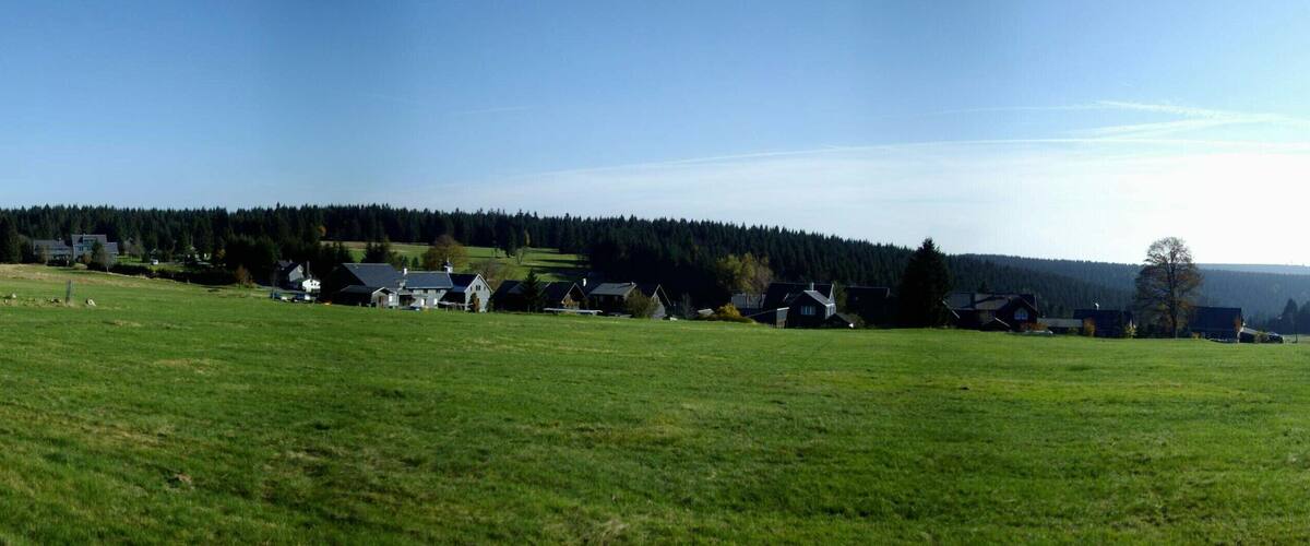 A rural landscape with a large green field, several houses, and a forested hill in the background.