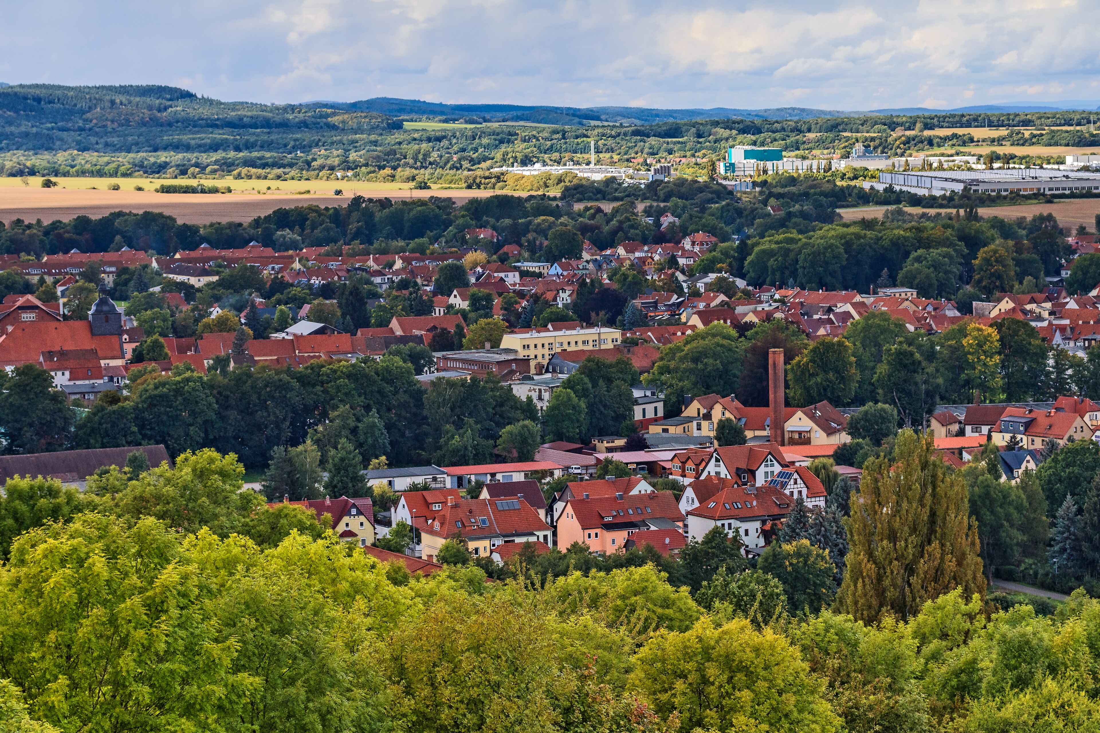 A town with red-roofed houses, green trees, and a distant industrial area.
