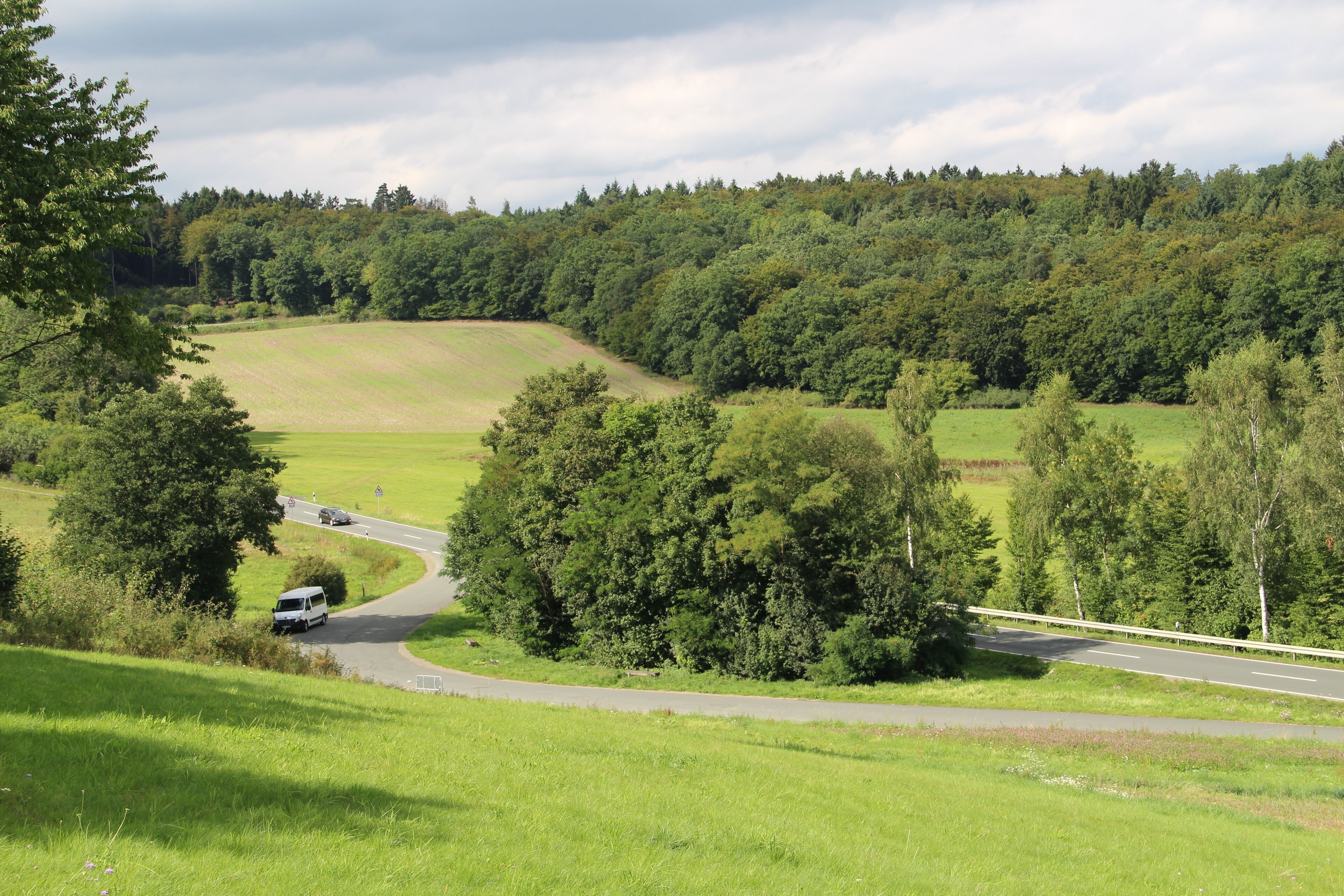 A winding road through a green landscape with a van and a car, surrounded by trees and hills.