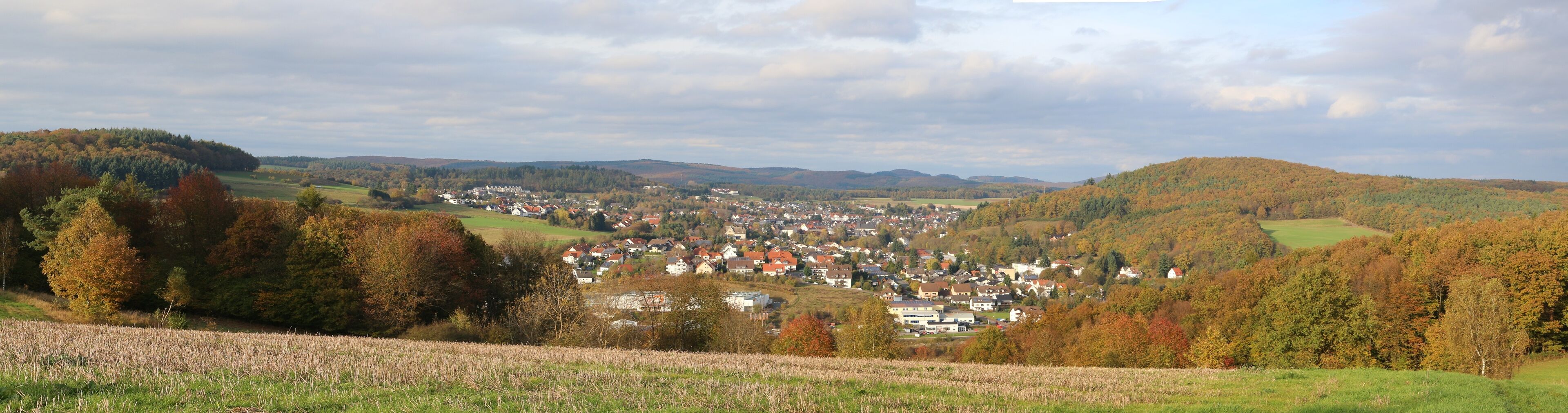 A town nestled in a valley surrounded by hills and autumn-colored trees.