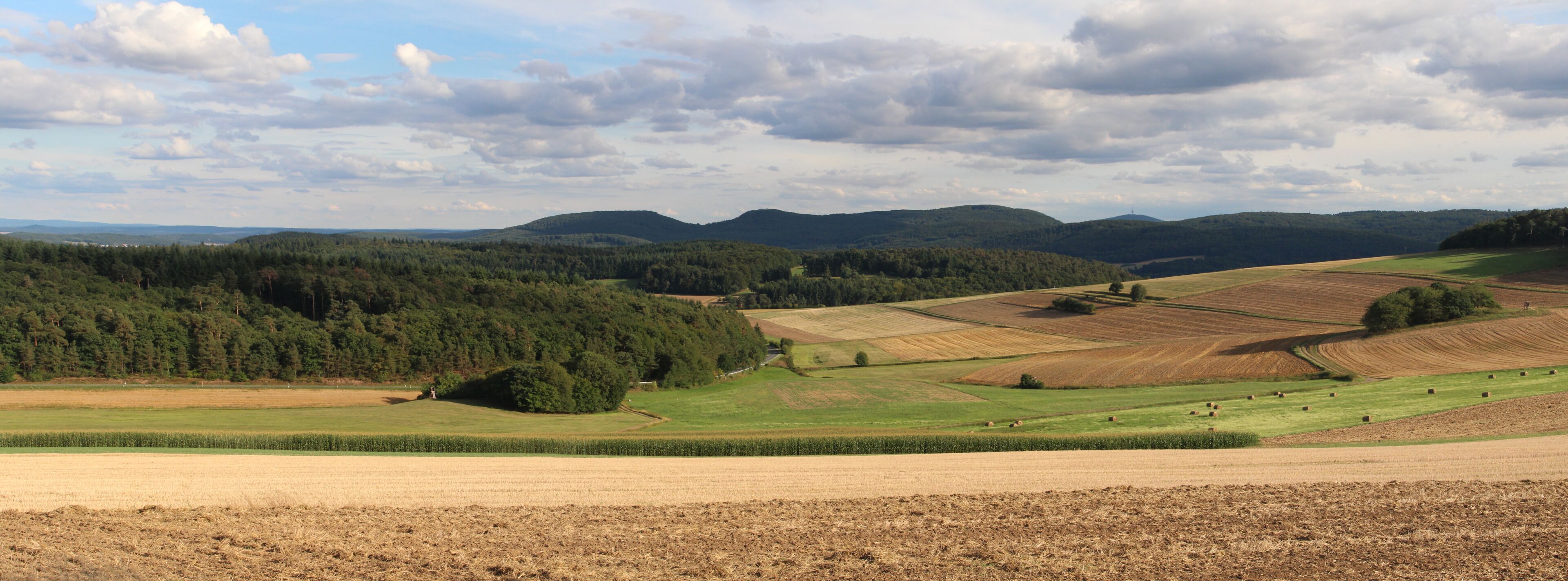 A rural landscape with fields, forests, and rolling hills under a partly cloudy sky.