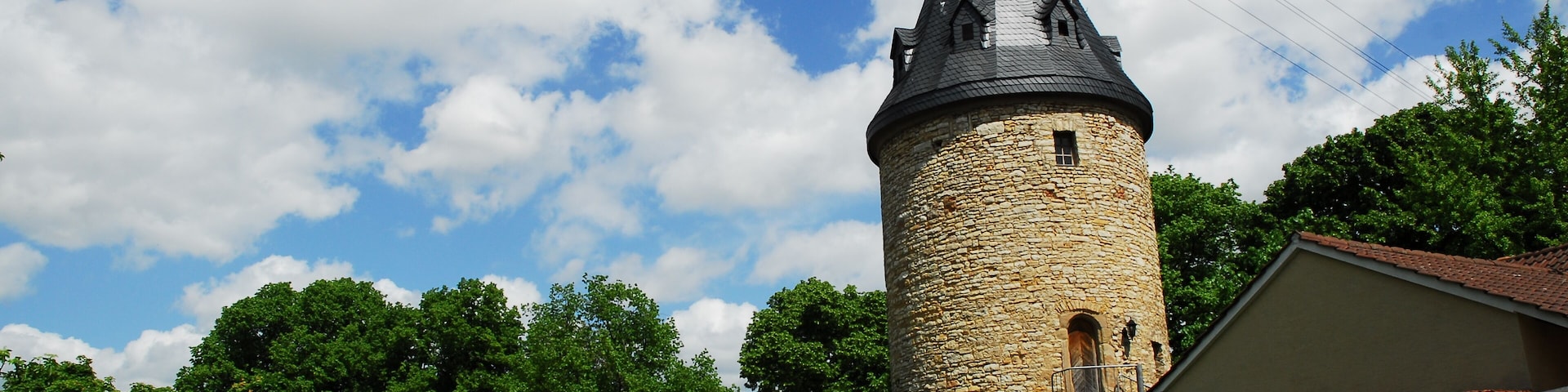 Graulturm mit geringem Stadtmauerrest in Gau-Algesheim, Flösserstraße, als einer der wenigen noch erhaltenen Teile der etwa ovalen, turmbewehrten Ringmauer (Graben 1344 genannt, Mauer 1360 noch im Bau). Runder Stadtmauerturm mit kegelförmigem Steinhelm.