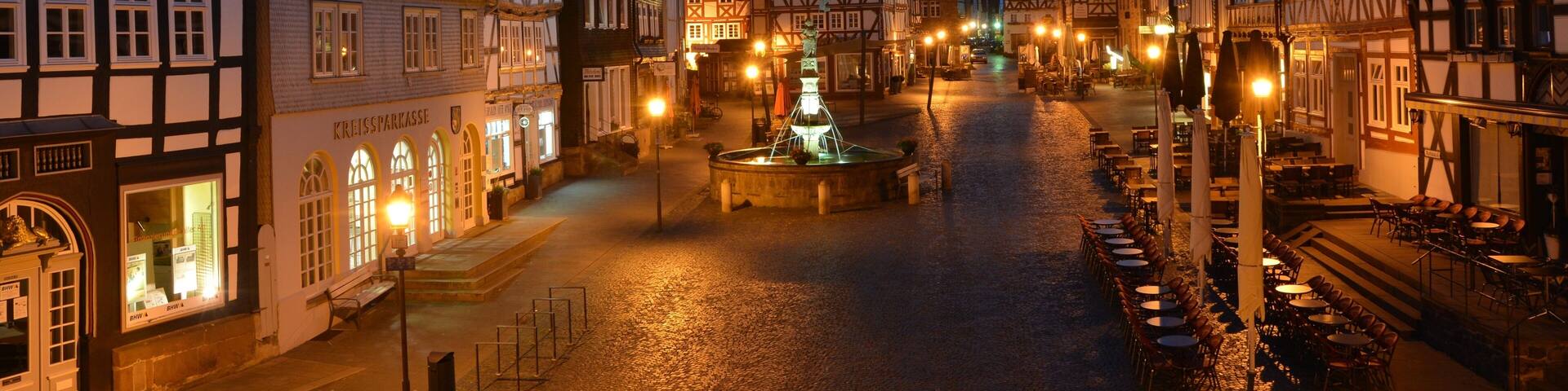 Marketplace of Fritzlar (Hassia, Germany) at nightfall, view direction west