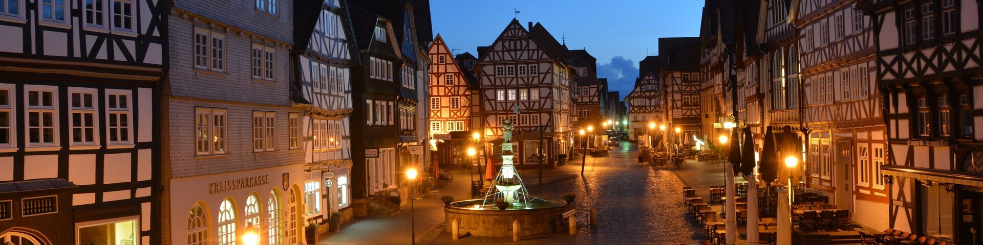 Marketplace of Fritzlar (Hassia, Germany) at nightfall, view direction west