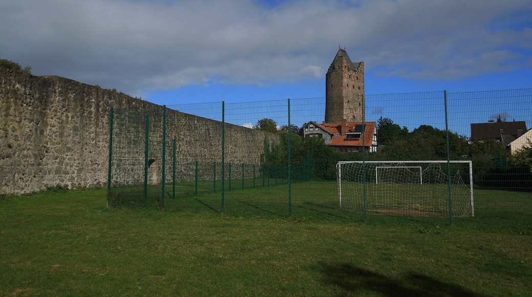 Fritzlar: vermutlicher Ort der einstigen Zwingburg des Erzbischofs von Mainz; links die Stadtmauer, im Hintergrund der Graue Turm