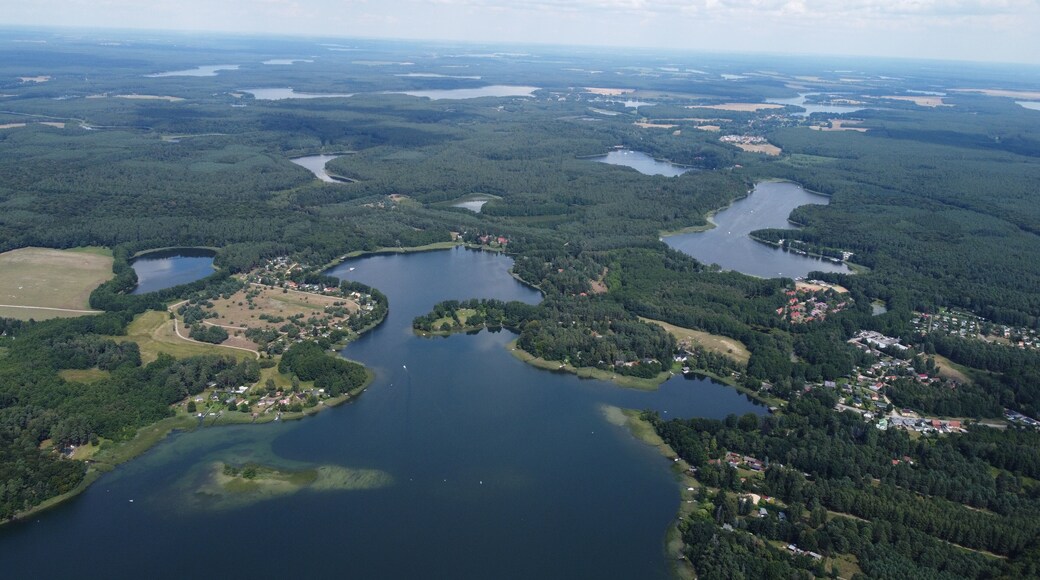 Aerial view of lake Zootzensee in the Rheinsberg Region, Brandenburg, Germany in August high season summertime.