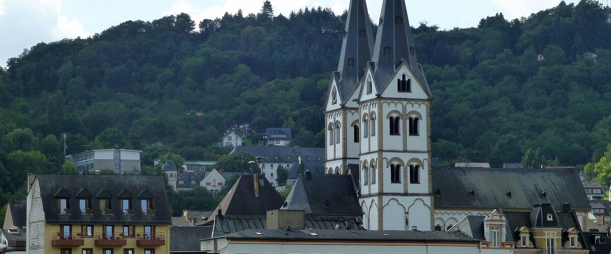 A church with two tall spires, surrounded by buildings and a forested hill in the background.
