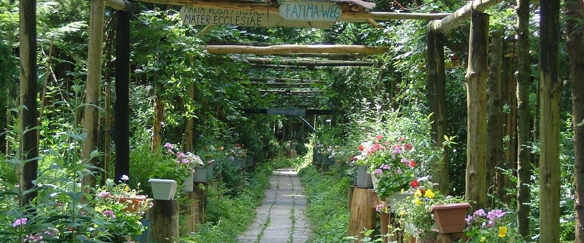 A garden path with wooden posts and hanging flower pots.